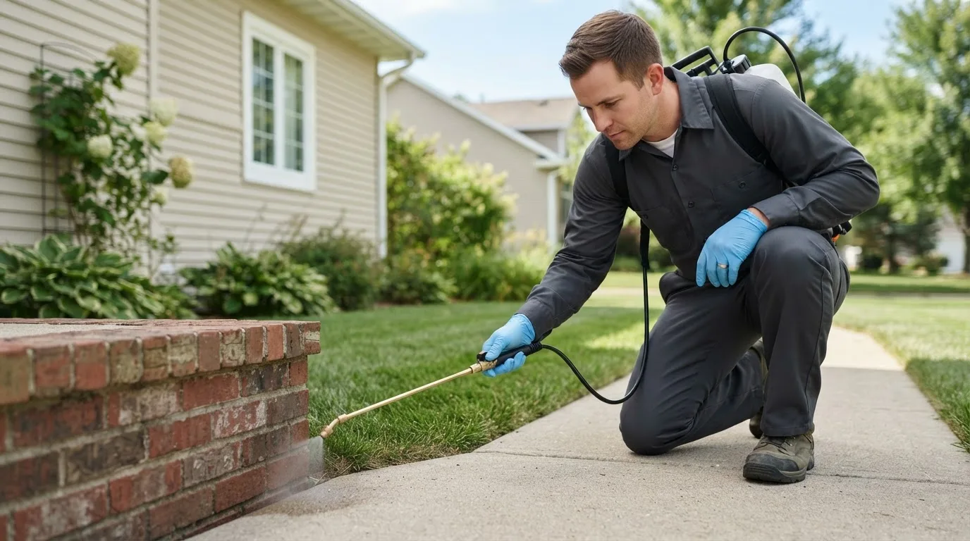 Pest control technician treating a home near Kearney, MO